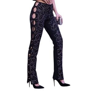 Black fully beaded pants with cut outs and fringe Sz S
